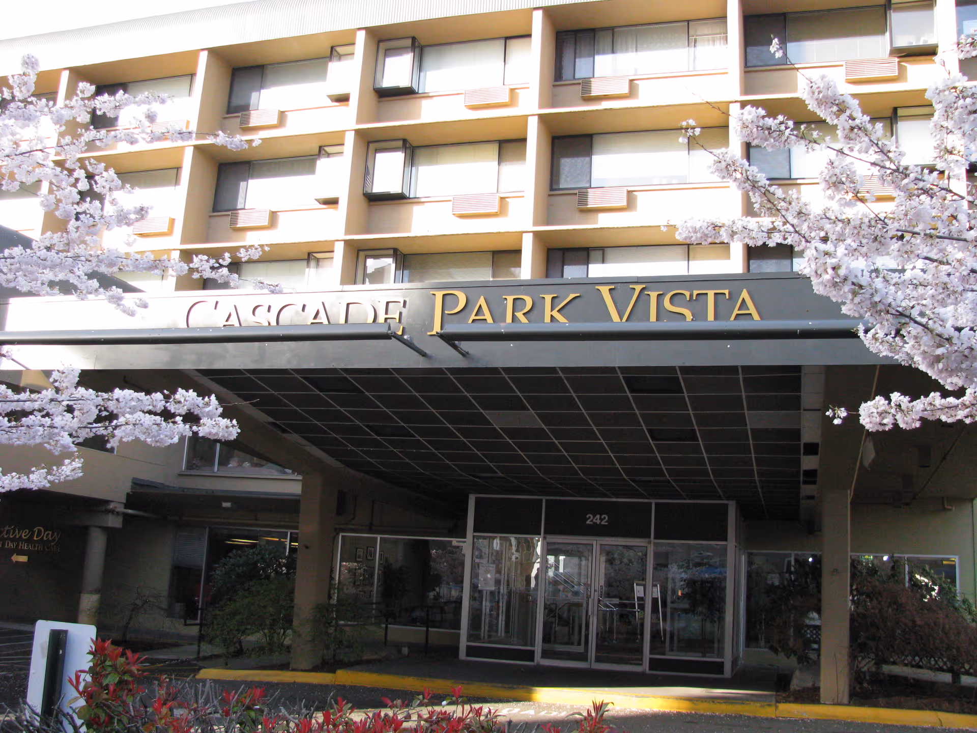 Entrance of a multi-story building named Cascade Park Vista with blooming cherry blossom trees on both sides and glass doors at the front entrance.