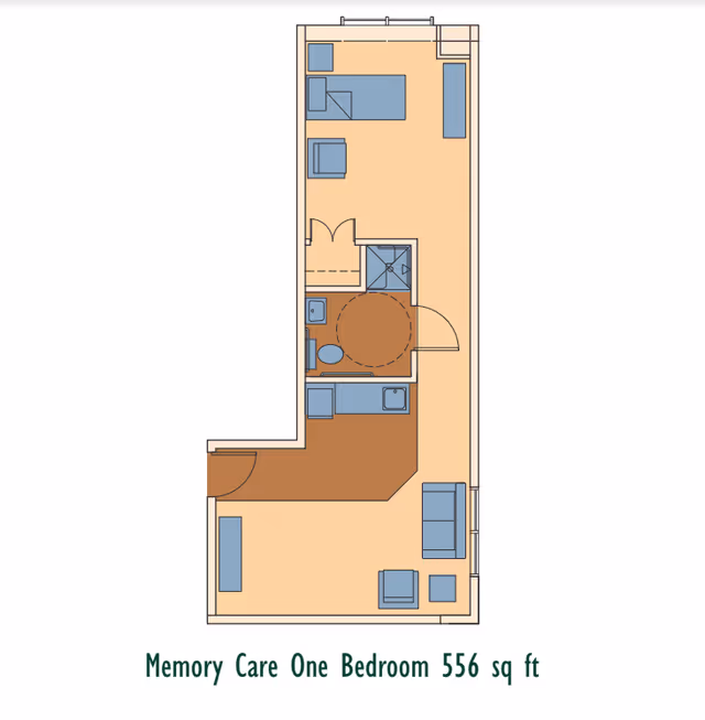 Floor plan layout of a memory care one-bedroom apartment measuring 556 square feet, showing a living area, bedroom, bathroom, and kitchen space with furniture placement.