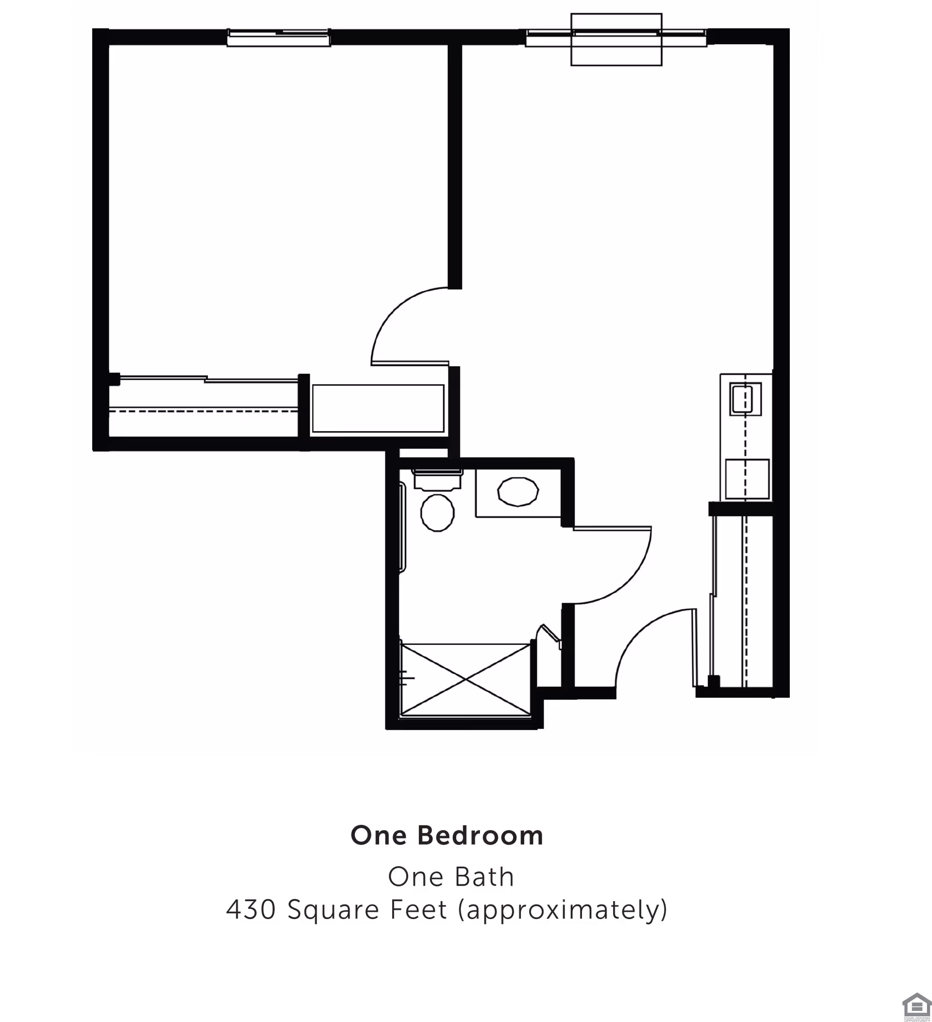 Architectural floor plan of a one-bedroom, one-bath apartment approximately 430 square feet, showing layout with bedroom, bathroom, kitchen, and living area.