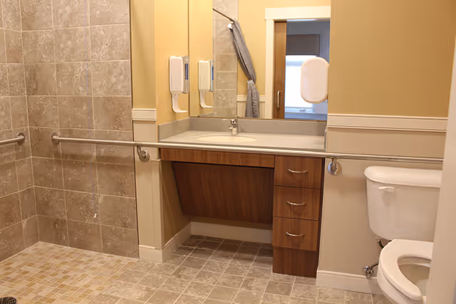 Accessible bathroom with tiled walk-in shower, sink vanity with drawers and grab bars, and a toilet.