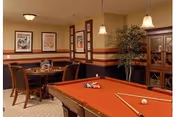 Interior room with a pool table in the foreground and a round table with chairs in the background. The walls are decorated with framed pictures and a tall plant is placed near a wooden cabinet. The room has warm lighting from ceiling fixtures.