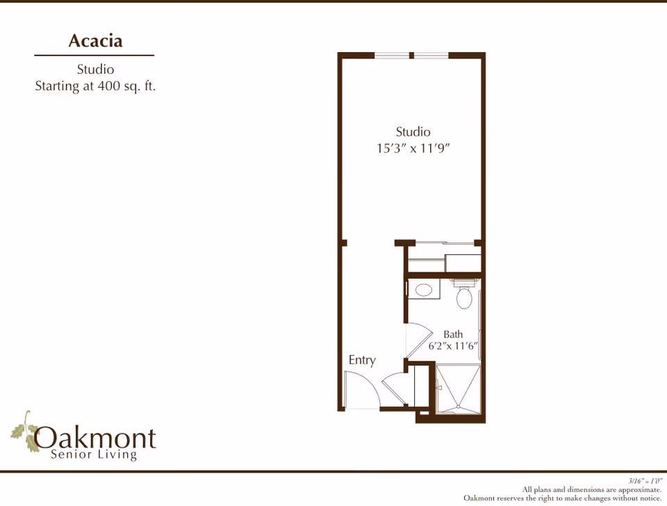 Floor plan of a studio apartment named Acacia at Oakmont Senior Living, showing a 400 sq. ft. layout with a studio area measuring 15'3" by 11'9", an entryway, and a bathroom measuring 6'2" by 11'6".