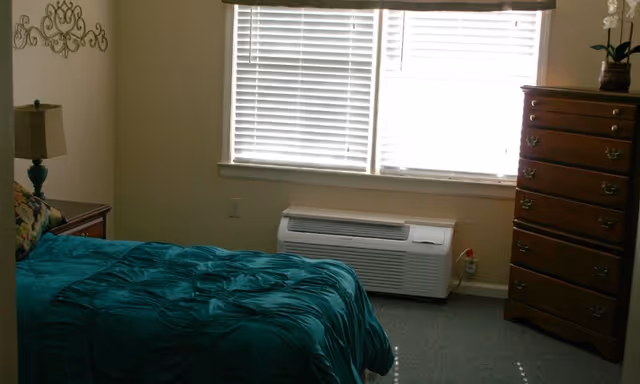 A bedroom with a teal comforter on the bed, a wooden nightstand with a lamp, a window with white blinds, a white air conditioning unit below the window, and a tall wooden dresser with a plant on top.