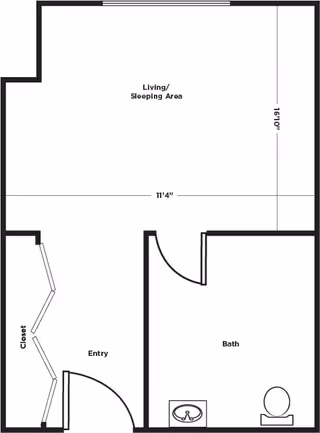 Floor plan of a small living space at Carriage Court of Kenwood showing an entry area with a closet, a combined living and sleeping area, and a bathroom with a sink and toilet.