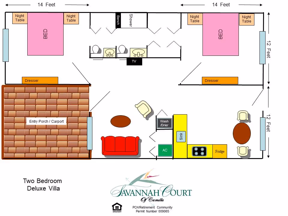 Illustrated floor plan of a two-bedroom deluxe villa showing two bedrooms, bathroom, living area, kitchen, entry porch, and Savannah Court branding.