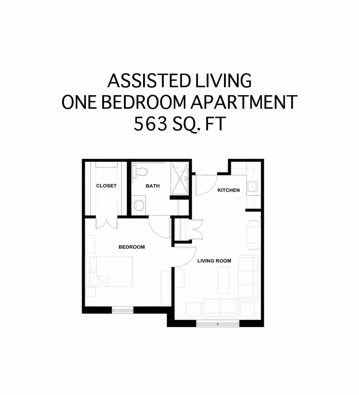 Floor plan of an assisted living one bedroom apartment with 563 square feet, showing a bedroom with closet, a bathroom, a kitchen, and a living room.