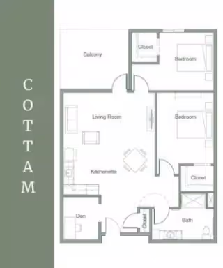 Floor plan of a two-bedroom 'COTTAM' apartment showing a living room, kitchenette, balcony, den, closets, and a bathroom.