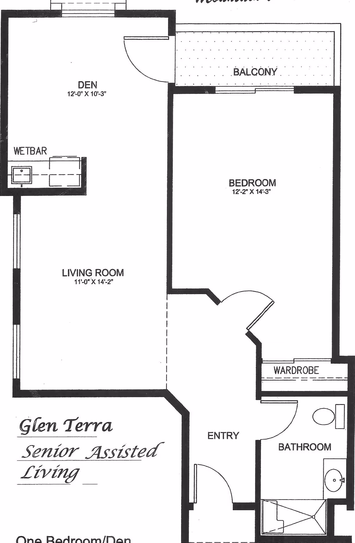 Floor plan layout of a one-bedroom plus den apartment at Glen Terra Senior Assisted Living, showing a den with wet bar, living room, bedroom with wardrobe, bathroom, entry, and balcony.