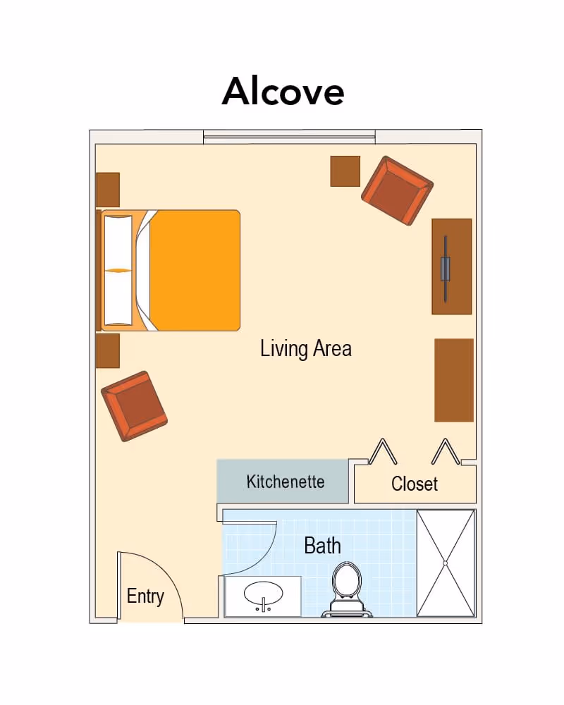 A floor plan of an alcove layout featuring a living area, kitchenette, bath, closet, and entry.
