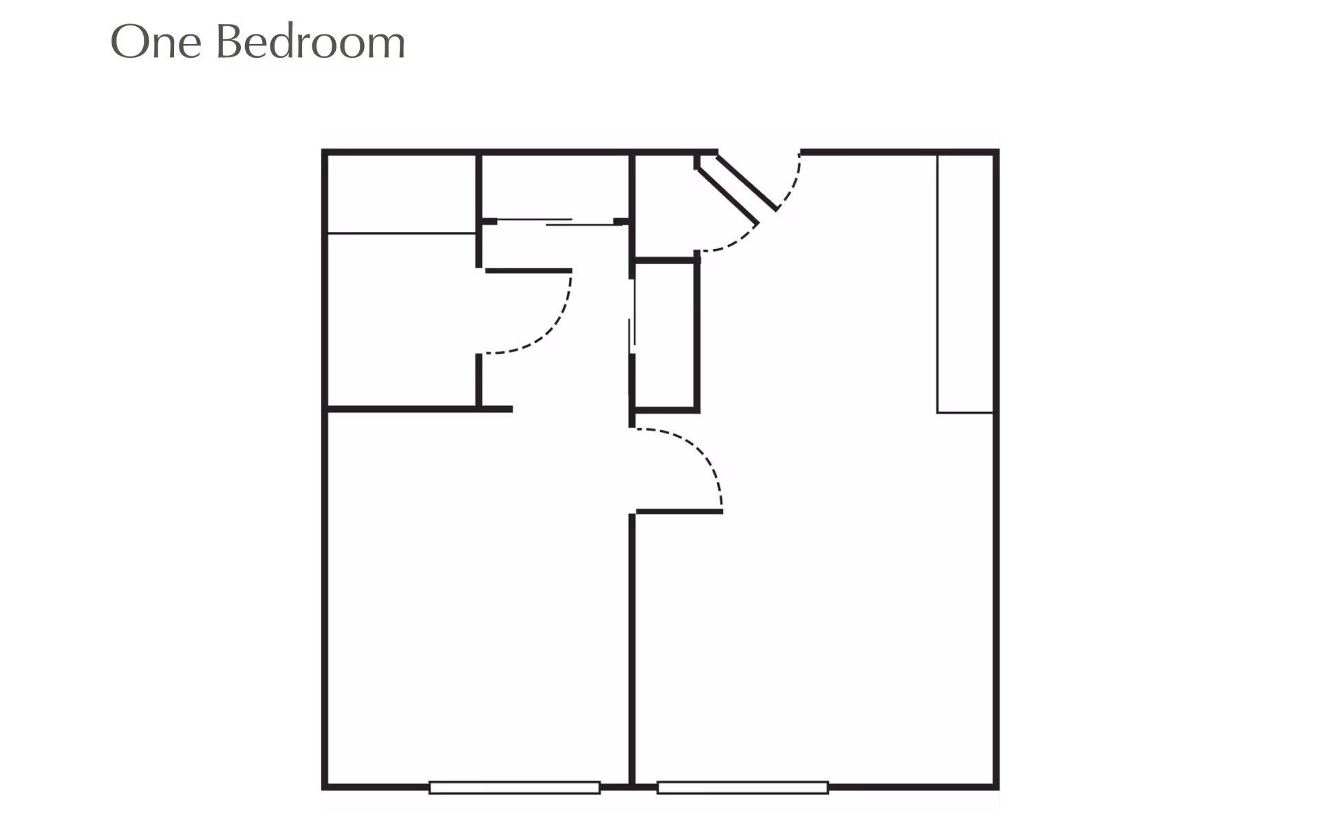 Architectural floor plan layout of a one-bedroom apartment unit showing walls, doors, and room divisions on a black background.