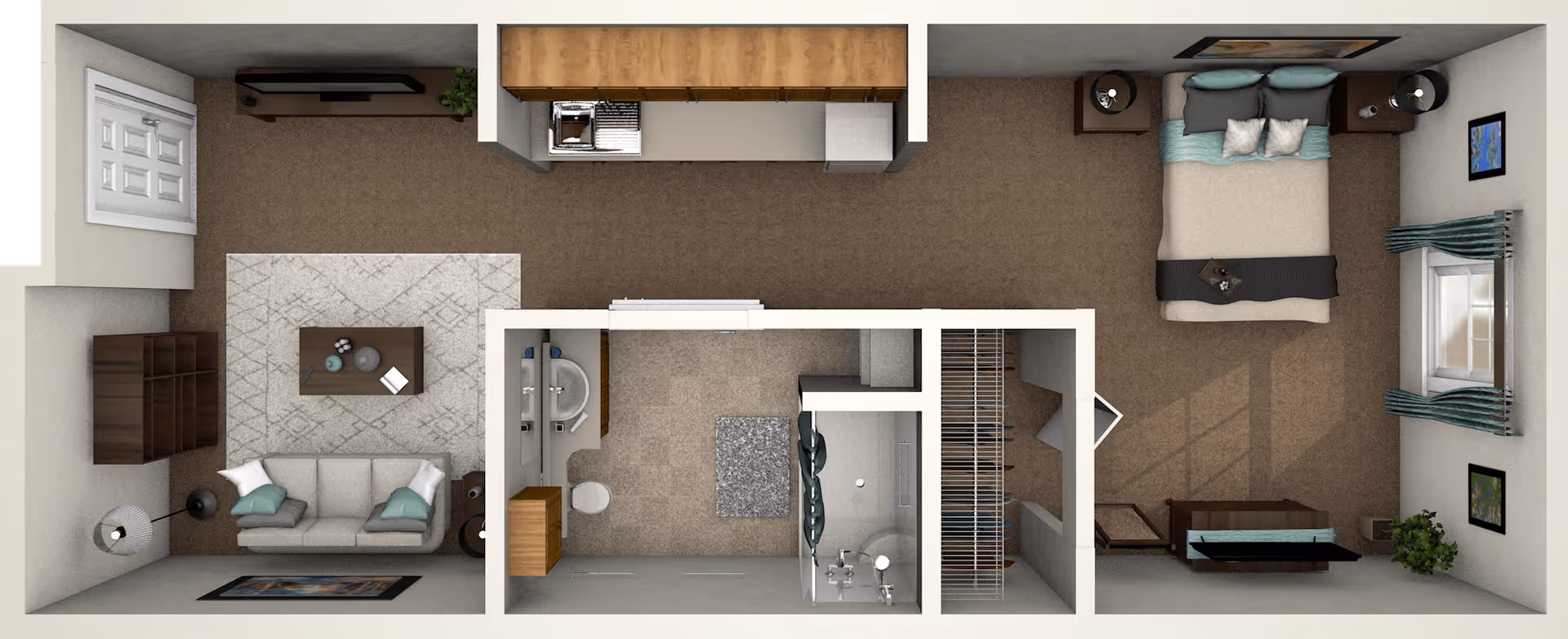 Top-down view of a one-bedroom apartment floor plan showing a living room with a sofa, coffee table, and bookshelf; a kitchen area with cabinets and appliances; a bathroom with a sink, toilet, and shower; and a bedroom with a bed, nightstands, a bench, and windows with curtains.