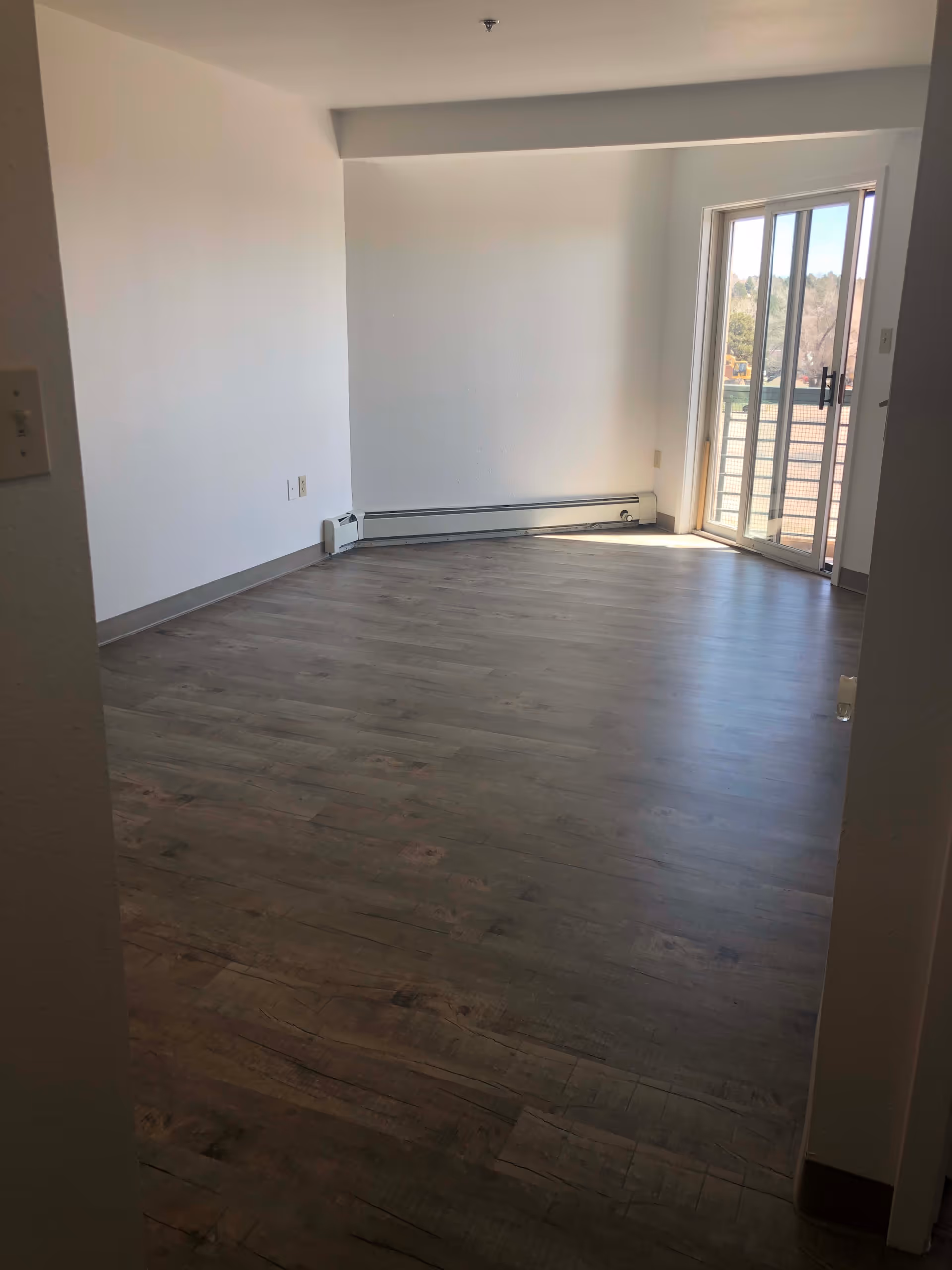 Empty room with wood flooring, white walls, a baseboard heater along one wall, and a sliding glass door leading to an outdoor balcony with a view of trees and a clear sky.