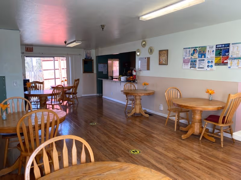 A dining area with several round wooden tables and matching wooden chairs arranged on a polished wooden floor. Each table has a small vase with orange flowers. The walls are decorated with informational posters and small framed pictures. There is a serving counter in the background and an exit door with a glass panel letting in natural light.