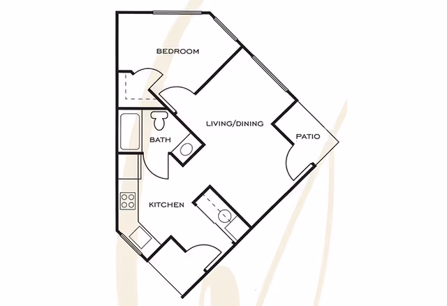 Floor plan of a one-bedroom apartment at Ashwood Place showing a bedroom, bathroom, kitchen, living/dining area, and a patio.