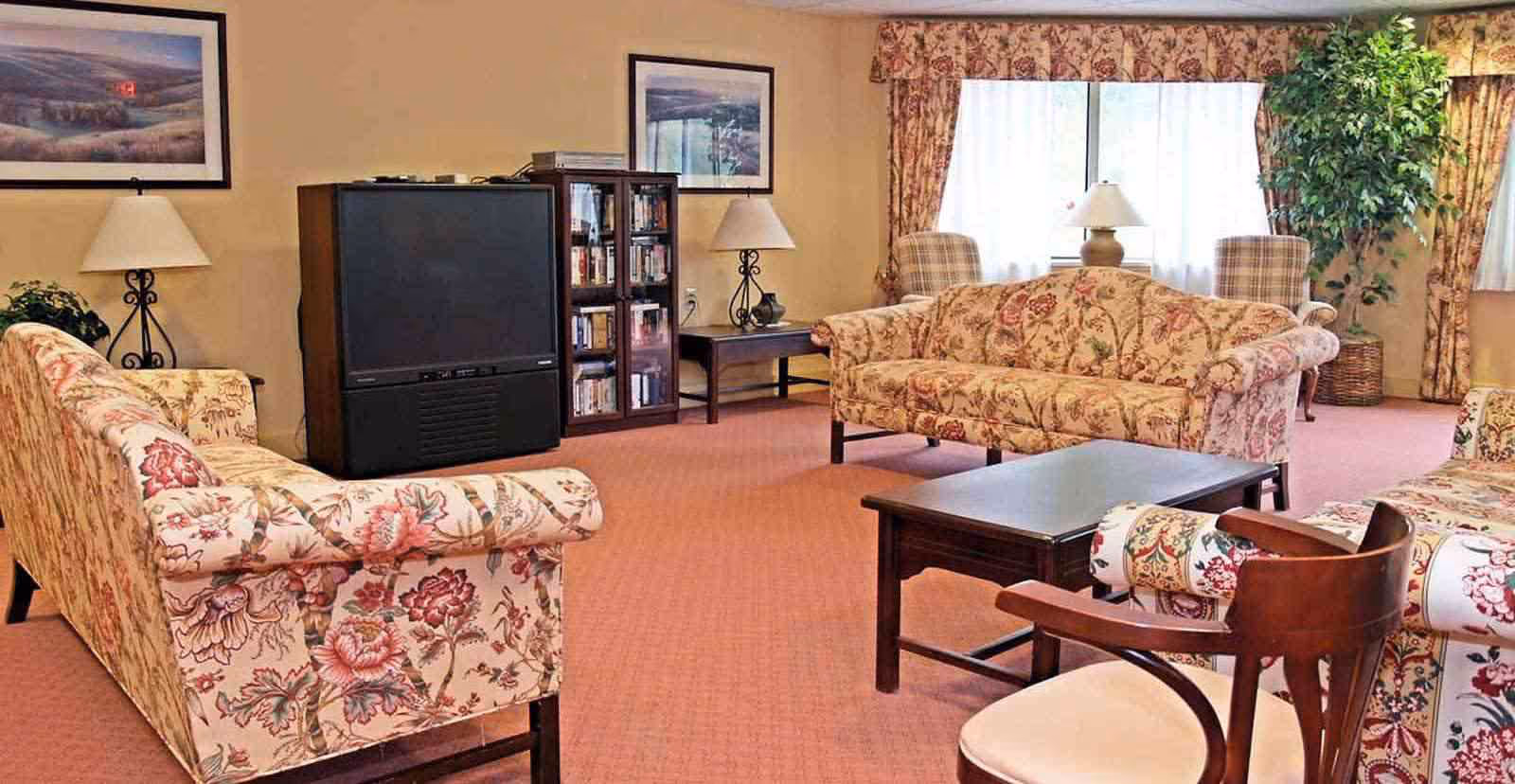 A cozy living room with floral patterned sofas and armchairs arranged around a dark wooden coffee table. There is a large TV on a stand, a bookshelf filled with books and DVDs, two table lamps with cream-colored shades, framed landscape paintings on the walls, and large windows with floral curtains letting in natural light. A potted plant is in the corner near the window.