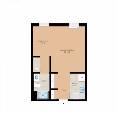 Floor plan of a living space at Paul Spring Retirement Community showing a sleeping area measuring 6 by 10 feet, a living/dining room measuring 12 by 15 feet, a kitchen measuring 5 by 9 feet, a bathroom with a toilet and shower, and a foyer area.