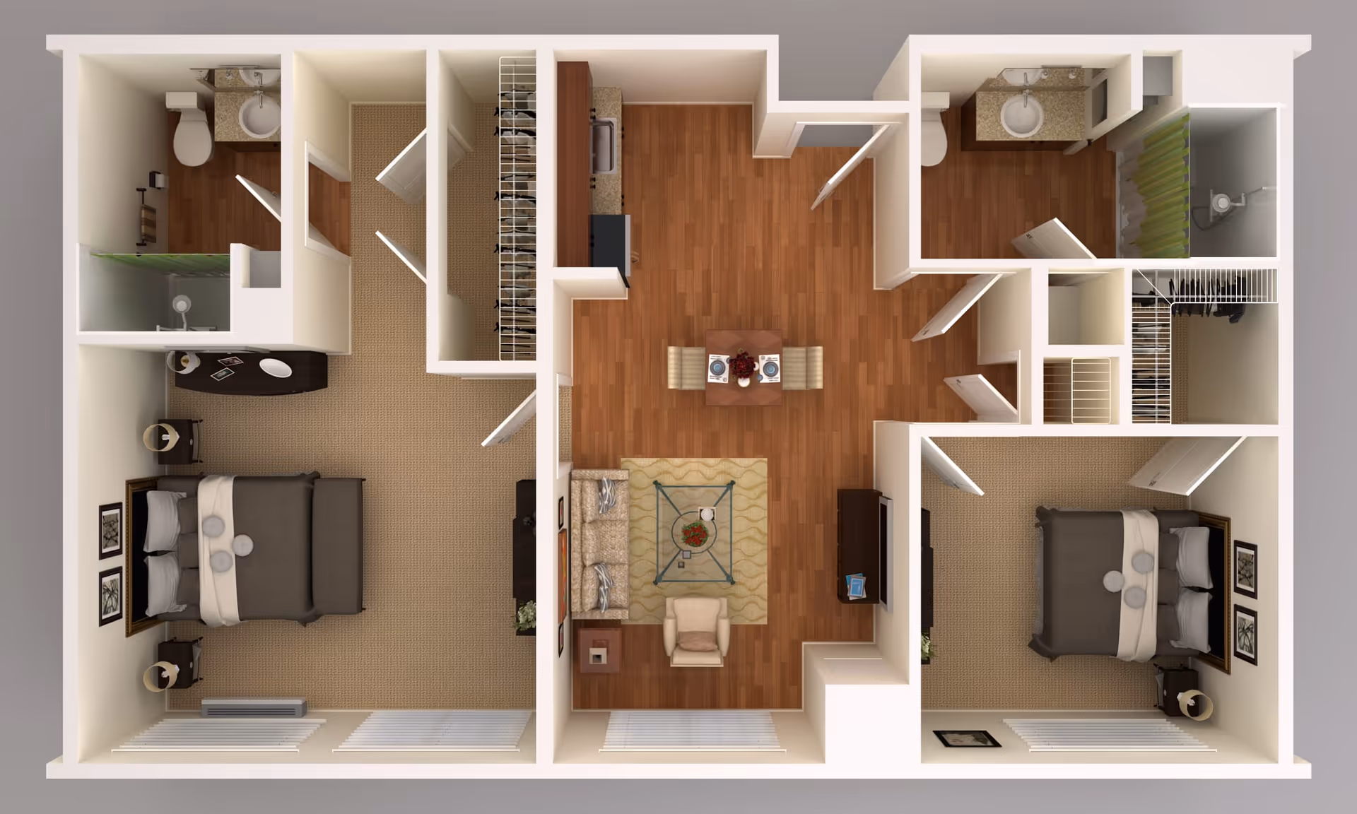 3D floor plan of a senior living apartment featuring two bedrooms, two bathrooms, a living room with sofa and armchair, a dining area with a table and four chairs, and a kitchen with appliances. The bedrooms have beds, nightstands, and closets. The bathrooms include sinks, toilets, and showers. The living and dining areas have wood flooring, while the bedrooms and closets are carpeted.