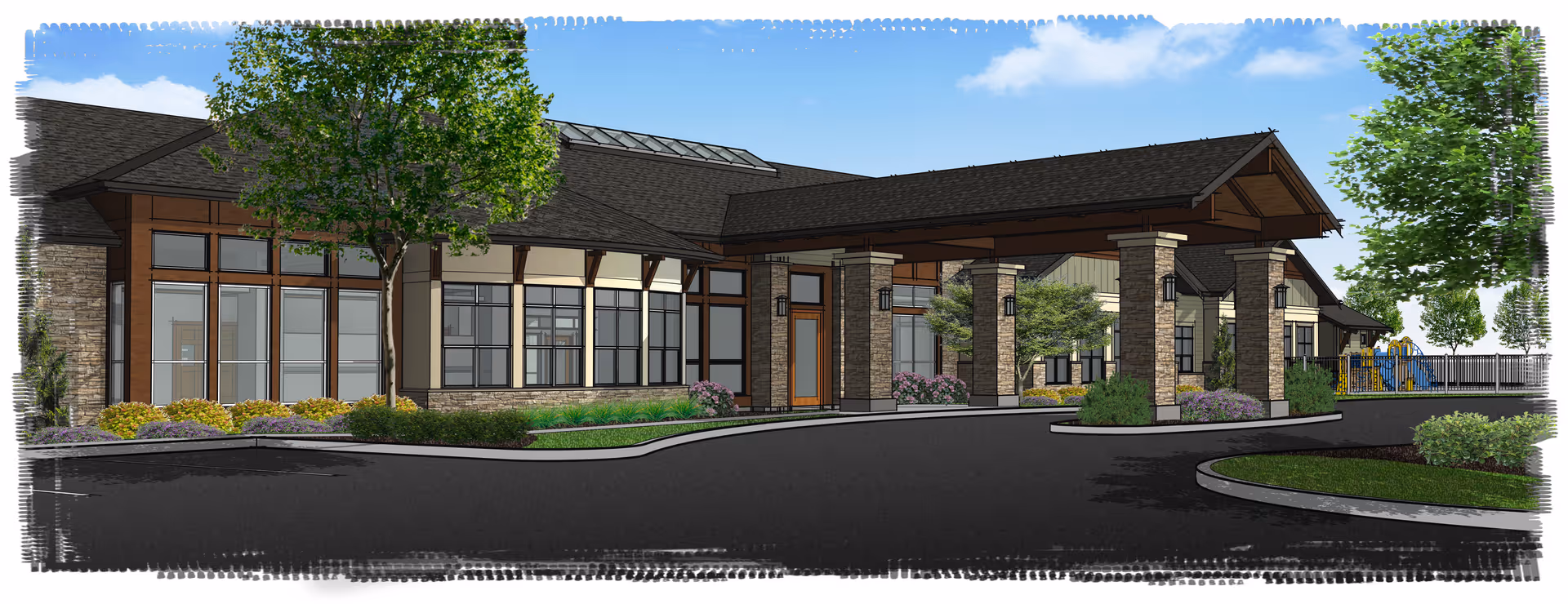 Exterior view of Silverado Bellingham Memory Care Community building with large windows, stone pillars supporting a covered entrance, landscaped greenery, and a clear blue sky.