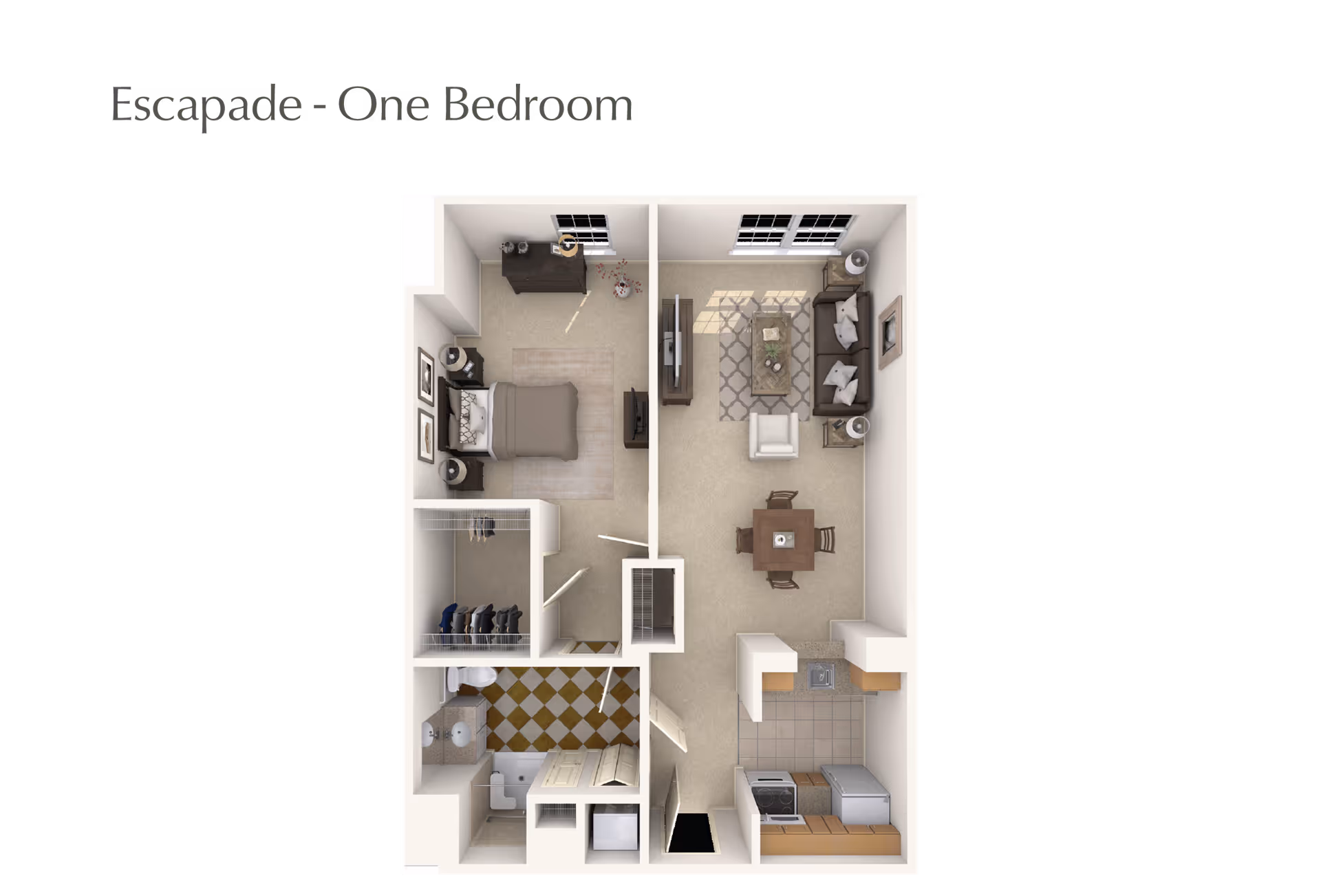 3D floor plan of a one-bedroom apartment named Escapade, showing a bedroom with a bed and dresser, a bathroom with a shower and sink, a closet, a kitchen with appliances, and a living room with a sofa, armchair, coffee table, TV, and dining table with chairs.