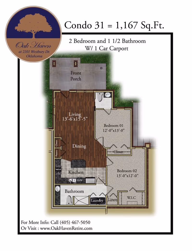 Labeled floor plan of a 2-bedroom, 1½-bath condo showing living, dining, kitchen, bedrooms, bathroom, laundry, front porch and an Oak Haven logo.