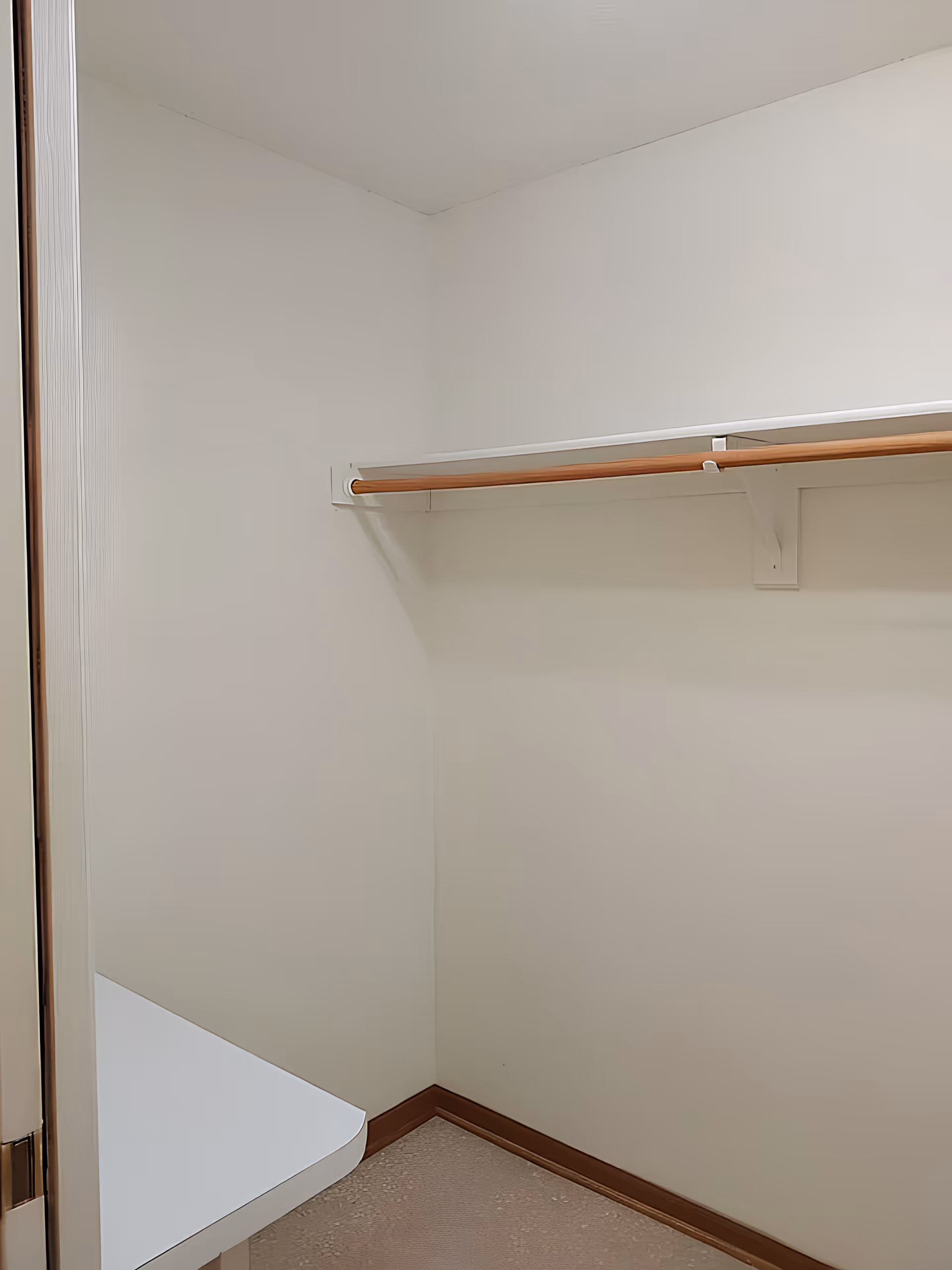Empty closet with a wooden hanging rod and shelf above a small corner ledge against plain beige walls.