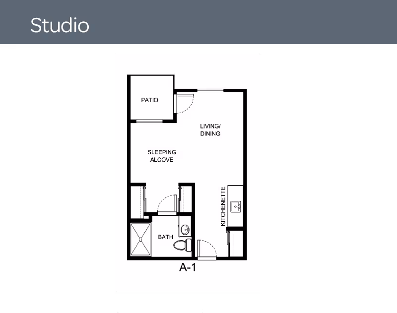 Floor plan of a studio apartment labeled A-1 showing a patio, living/dining area, sleeping alcove, kitchenette, and bathroom.