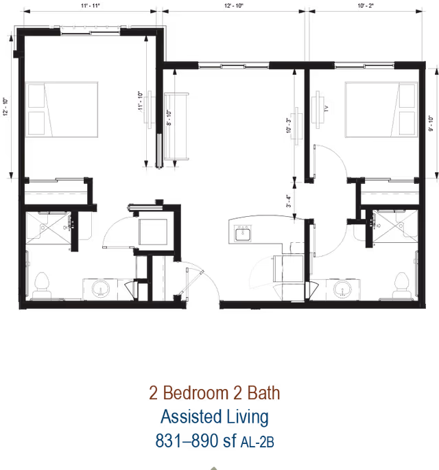 Architectural floor plan showing a 2-bedroom, 2-bath assisted living apartment layout labeled '2 Bedroom 2 Bath Assisted Living 831–890 sf AL-2B'.