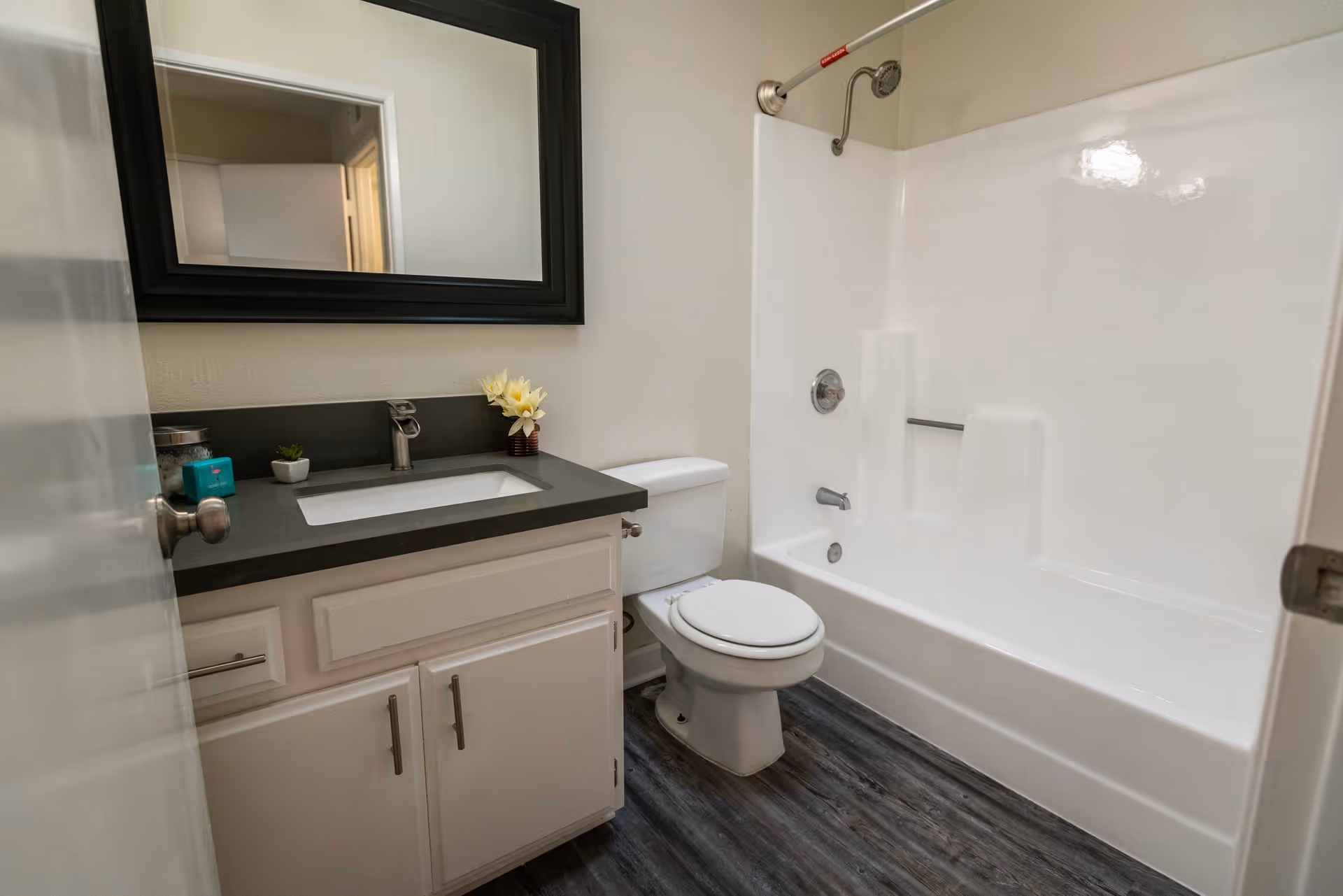 A clean bathroom featuring a white bathtub with a showerhead, a white toilet, and a vanity with a dark countertop and a sink. Above the vanity is a large rectangular mirror with a black frame. The floor has dark wood-like flooring, and there are small decorative items on the vanity including a small plant and a flower arrangement.