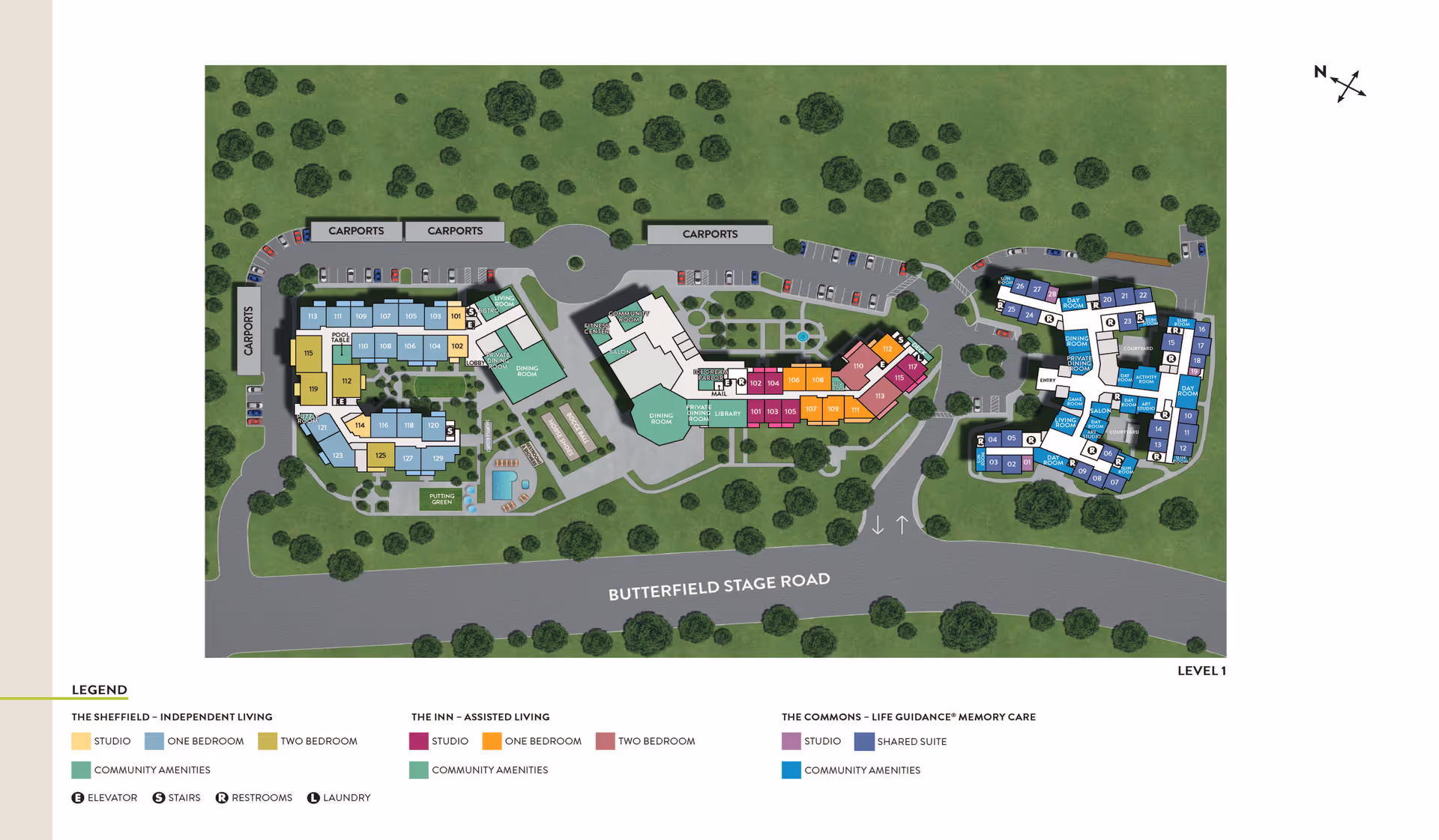 A detailed architectural floor plan of Atria Walnut Creek senior living facility showing three main buildings with labeled units, community amenities, carports, parking areas, pathways, and surrounding greenery. The plan includes a legend indicating unit types such as studio, one bedroom, two bedroom, and shared suites, as well as icons for elevators, stairs, restrooms, and laundry. The layout is oriented with a north arrow and bordered by Butterfield Stage Road.
