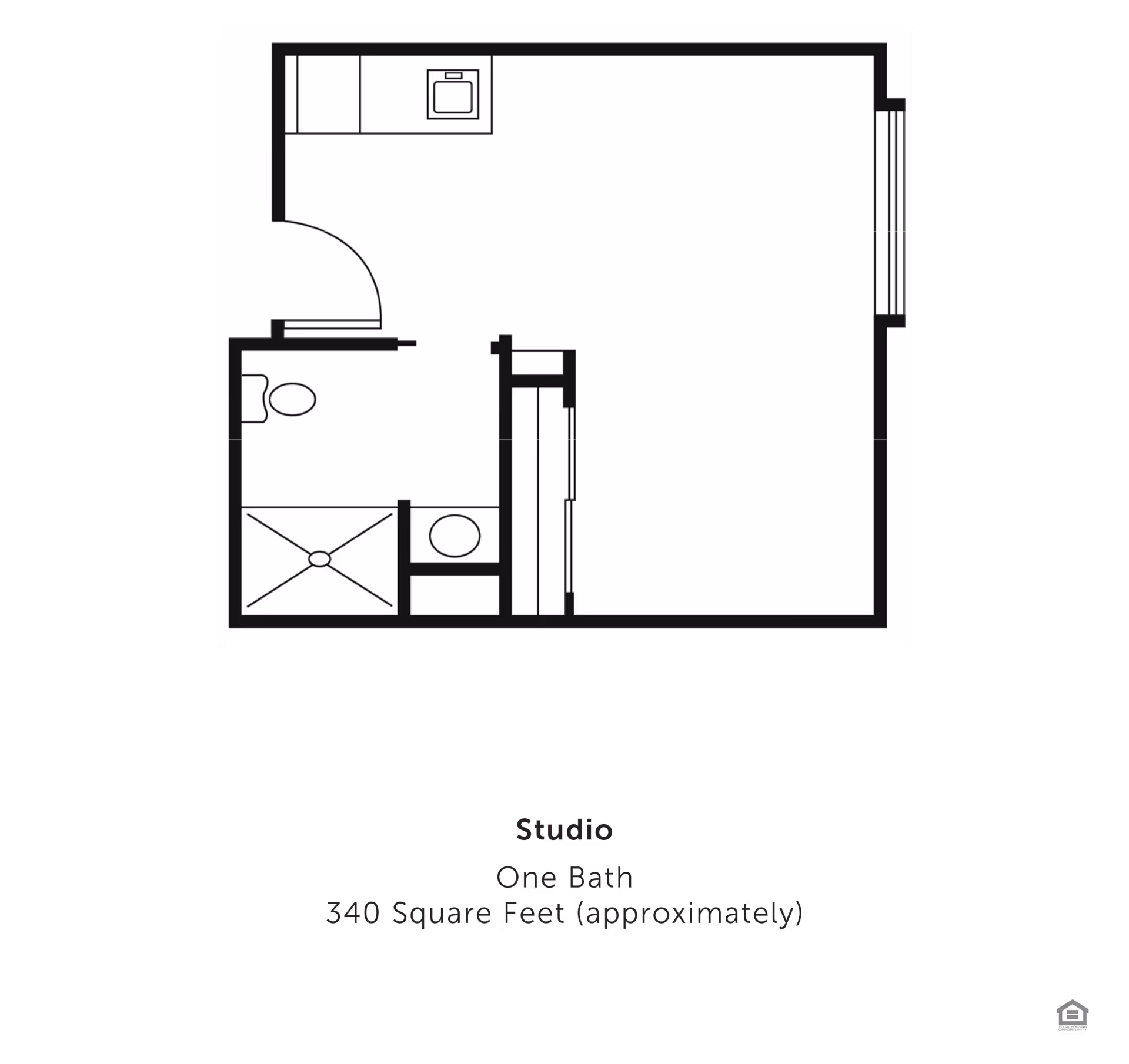 Architectural floor plan of a studio apartment with one bathroom and a small kitchen area, approximately 340 square feet in size.