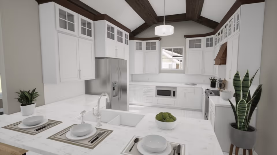 A bright, modern kitchen with white cabinetry, marble countertops, and stainless steel appliances including a refrigerator and stove. The kitchen features a double sink, a built-in microwave, and a bowl of green apples on the counter. There are two place settings with white bowls, plates, and silverware on the counter. The ceiling has exposed dark wooden beams and a hanging light fixture. Two potted plants are placed on the counter and floor.