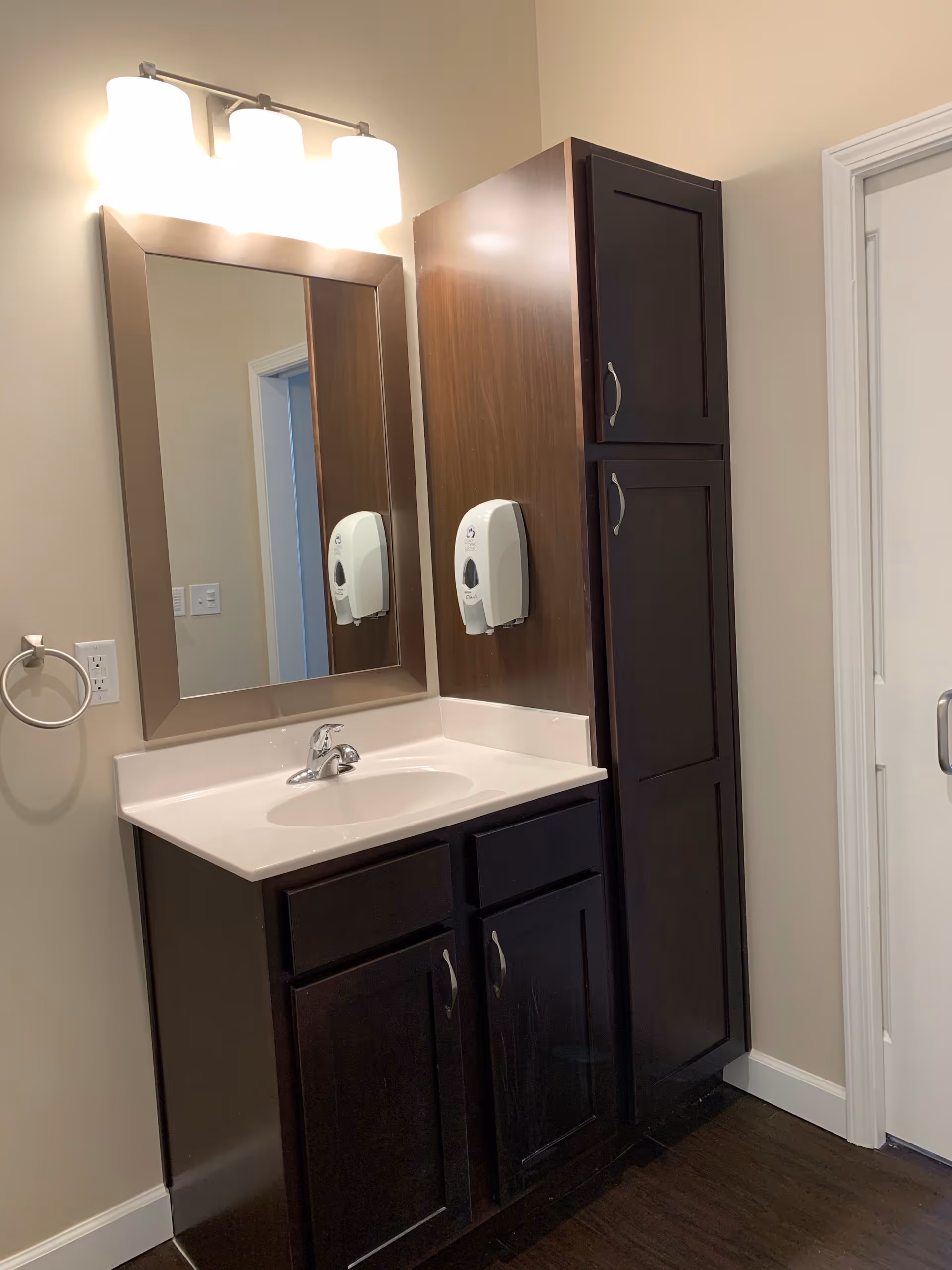 A bathroom vanity with a sink, mirror, wall-mounted soap dispenser, and a tall dark wood cabinet.