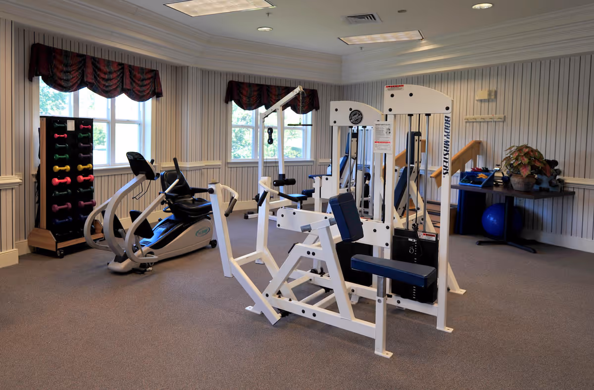 A fitness room with exercise equipment including a recumbent bike, a multi-station weight machine, and a rack of colorful dumbbells. The room has striped wallpaper, carpeted floor, two windows with valances, and a table with a plant and exercise accessories in the corner.