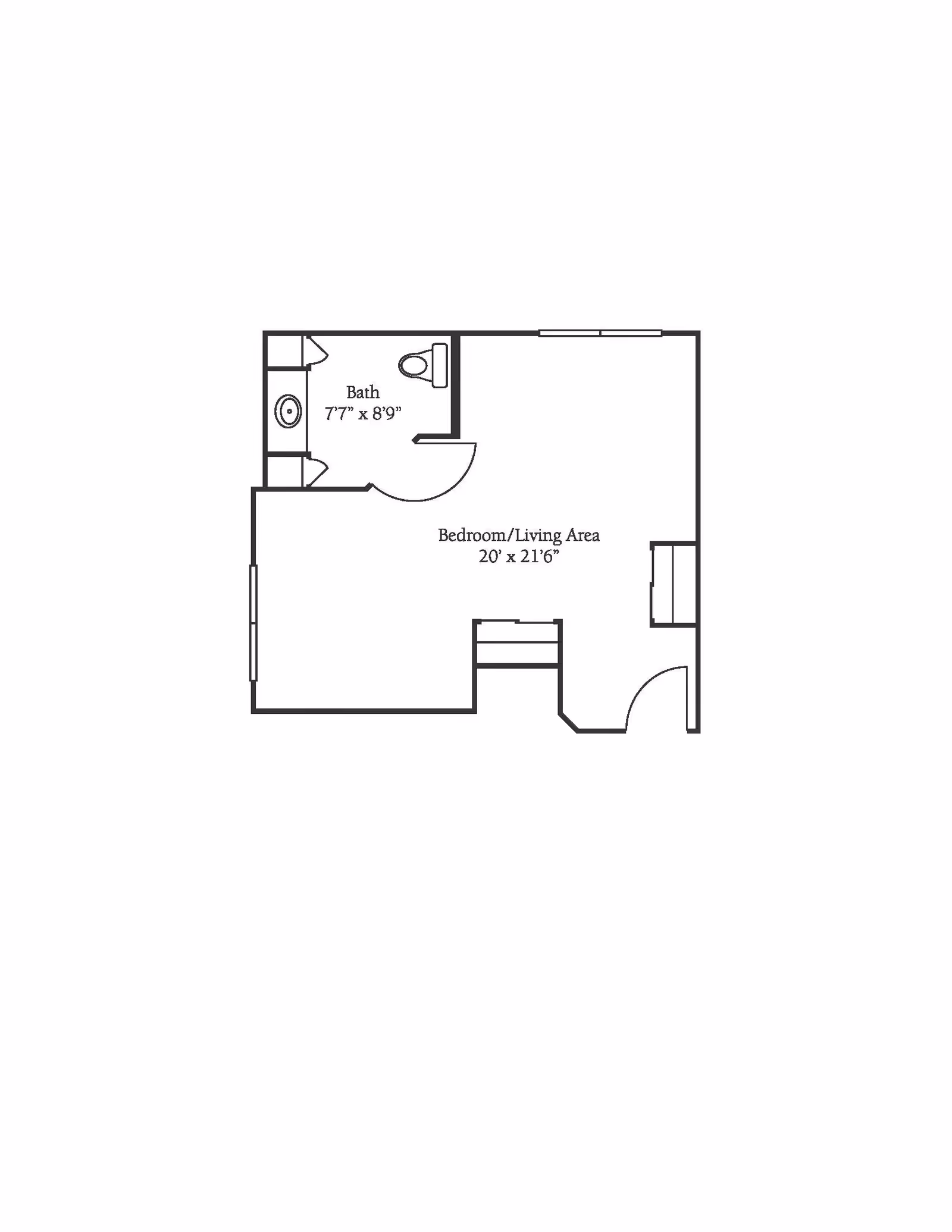 Floor plan showing a combined bedroom and living area measuring 20 feet by 21 feet 6 inches, with an attached bathroom measuring 7 feet 7 inches by 8 feet 9 inches.