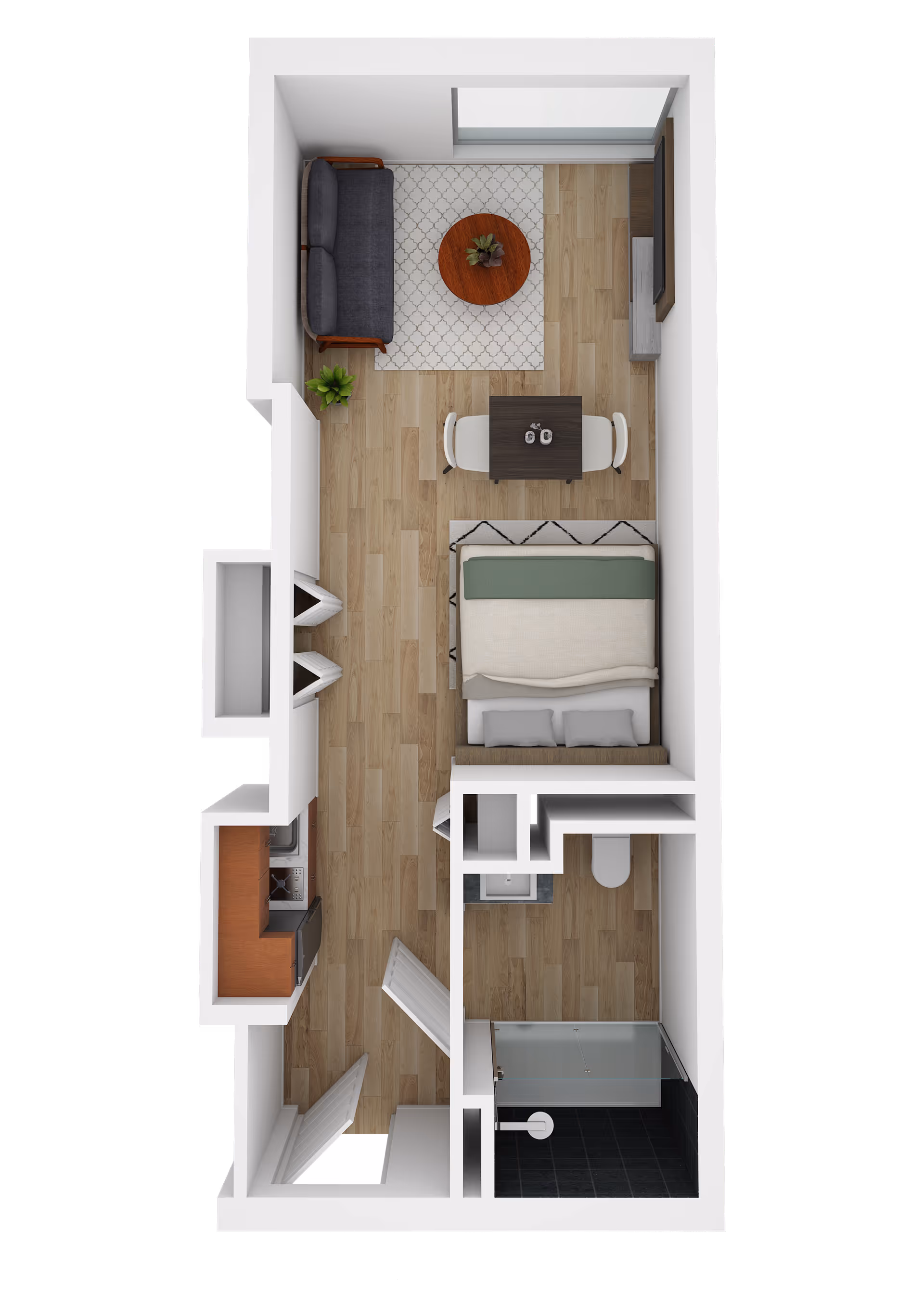 Top-down view of a studio apartment floor plan featuring a living area with a sofa and round coffee table on a rug, a dining table with two chairs, a bed with pillows and a blanket, a small kitchen area with appliances, and a bathroom with a shower, toilet, and sink.