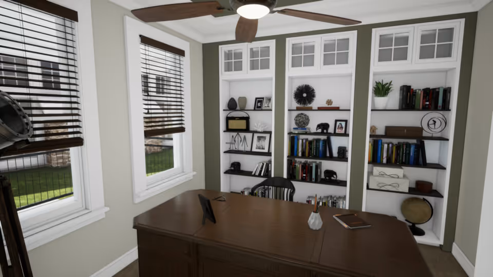 A home office with a wooden desk and chair, built-in bookshelves, windows with blinds, and a ceiling fan.