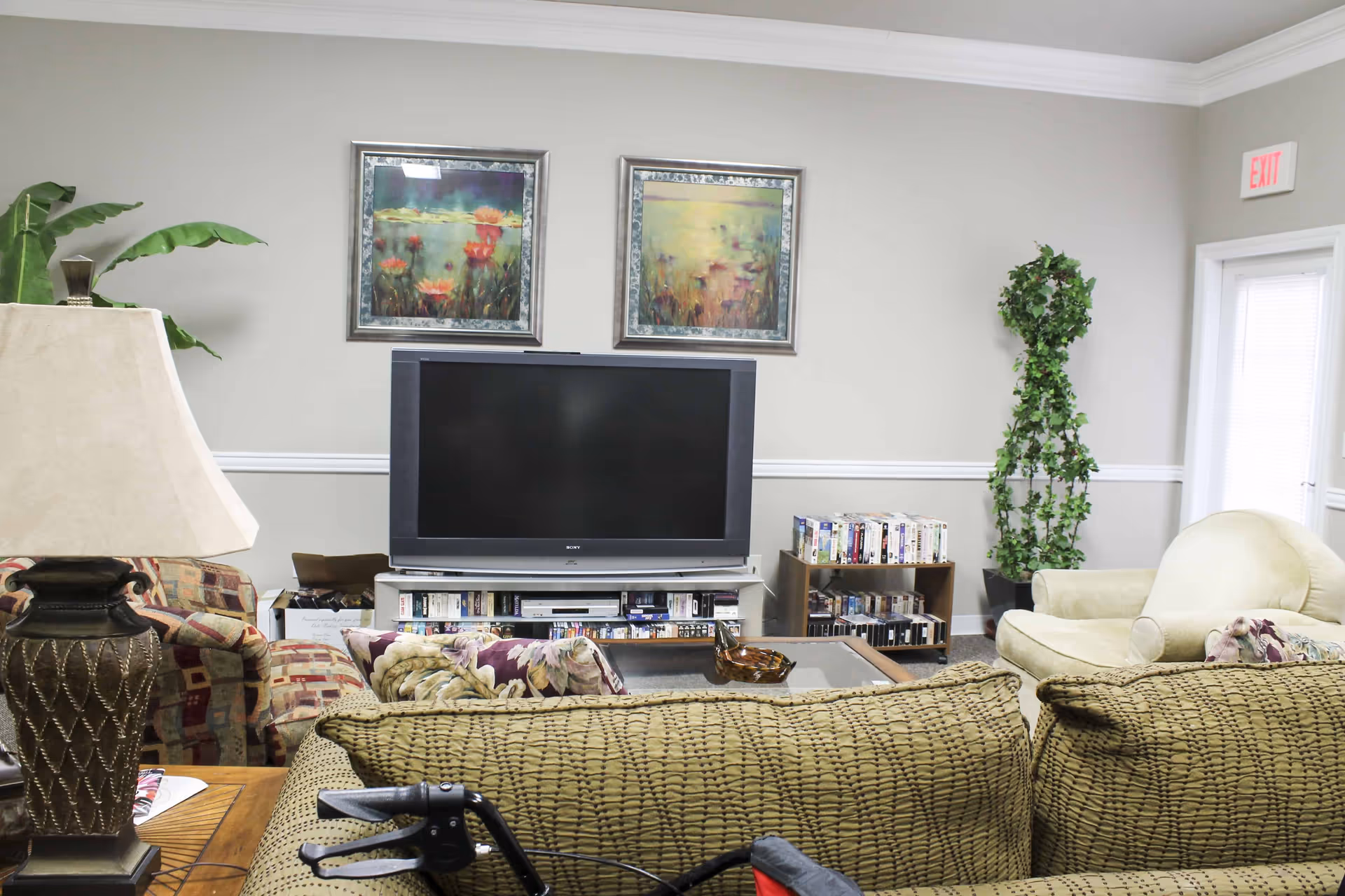 A cozy living room with a large flat-screen TV on a stand, two framed floral paintings on the wall above the TV, a patterned armchair, a beige armchair, a green textured sofa, a table lamp, a coffee table with a decorative bowl, a tall potted plant, and an exit door with a lit exit sign.