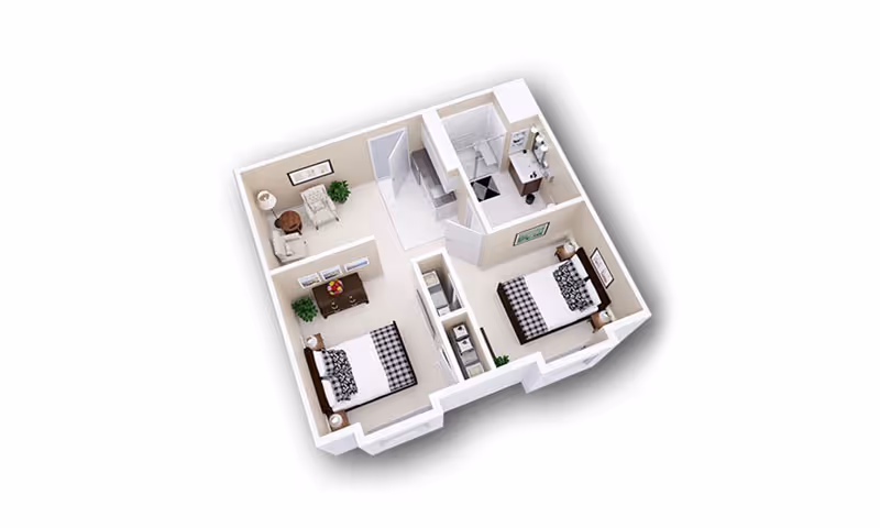 3D rendered two-bedroom apartment floor plan showing two bedrooms, a shared bathroom, a small living area and hallway.