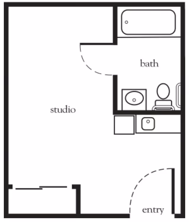Floor plan of a studio apartment featuring an entry area, a combined studio living space, and a separate bathroom with a bathtub, toilet, and sink.
