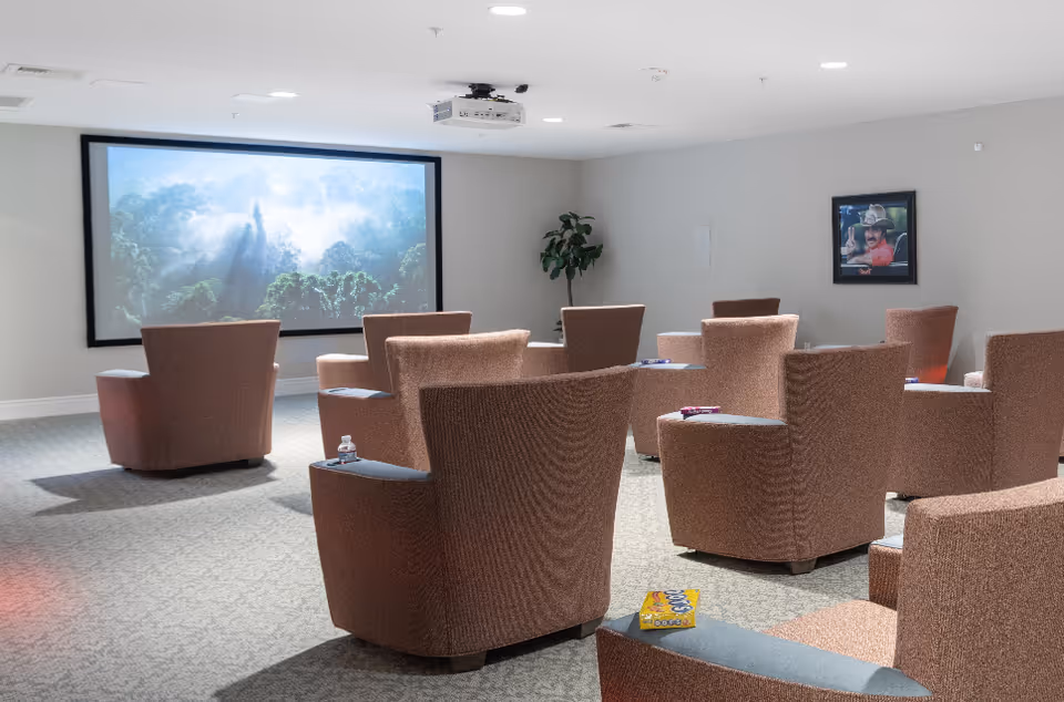 A small theater room with multiple brown cushioned chairs arranged in rows facing a large screen displaying an image of a forest with sunlight streaming through the trees. There is a projector mounted on the ceiling and a framed picture on the wall to the right.