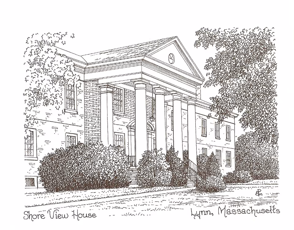 Black and white line drawing of a large two-story brick building with tall columns at the entrance, surrounded by bushes and trees. The building has multiple windows and a triangular pediment above the columns. Text at the bottom reads 'Shore View House' and 'Lynn, Massachusetts'.