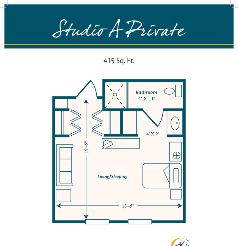 Floor plan of a Studio A Private apartment at HarborChase of Tamarac, showing a 415 square feet layout with a combined living and sleeping area measuring 18 feet 5 inches by 19 feet 5 inches, and a bathroom measuring 4 feet by 11 feet.