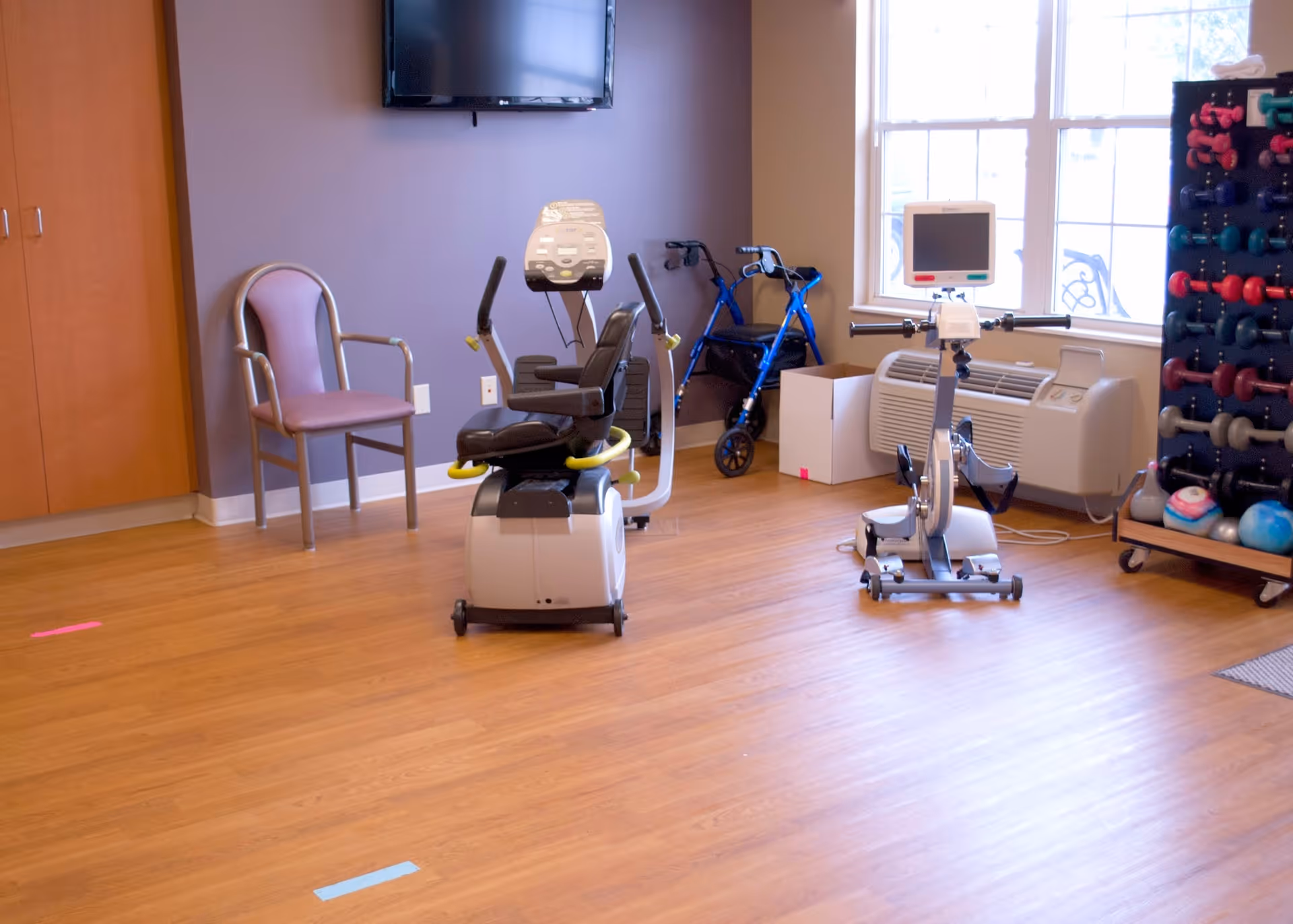A room with exercise equipment including a recumbent exercise bike and a stationary bike with a monitor, a purple chair, a blue walker, a rack of colorful dumbbells, and a large window letting in natural light.
