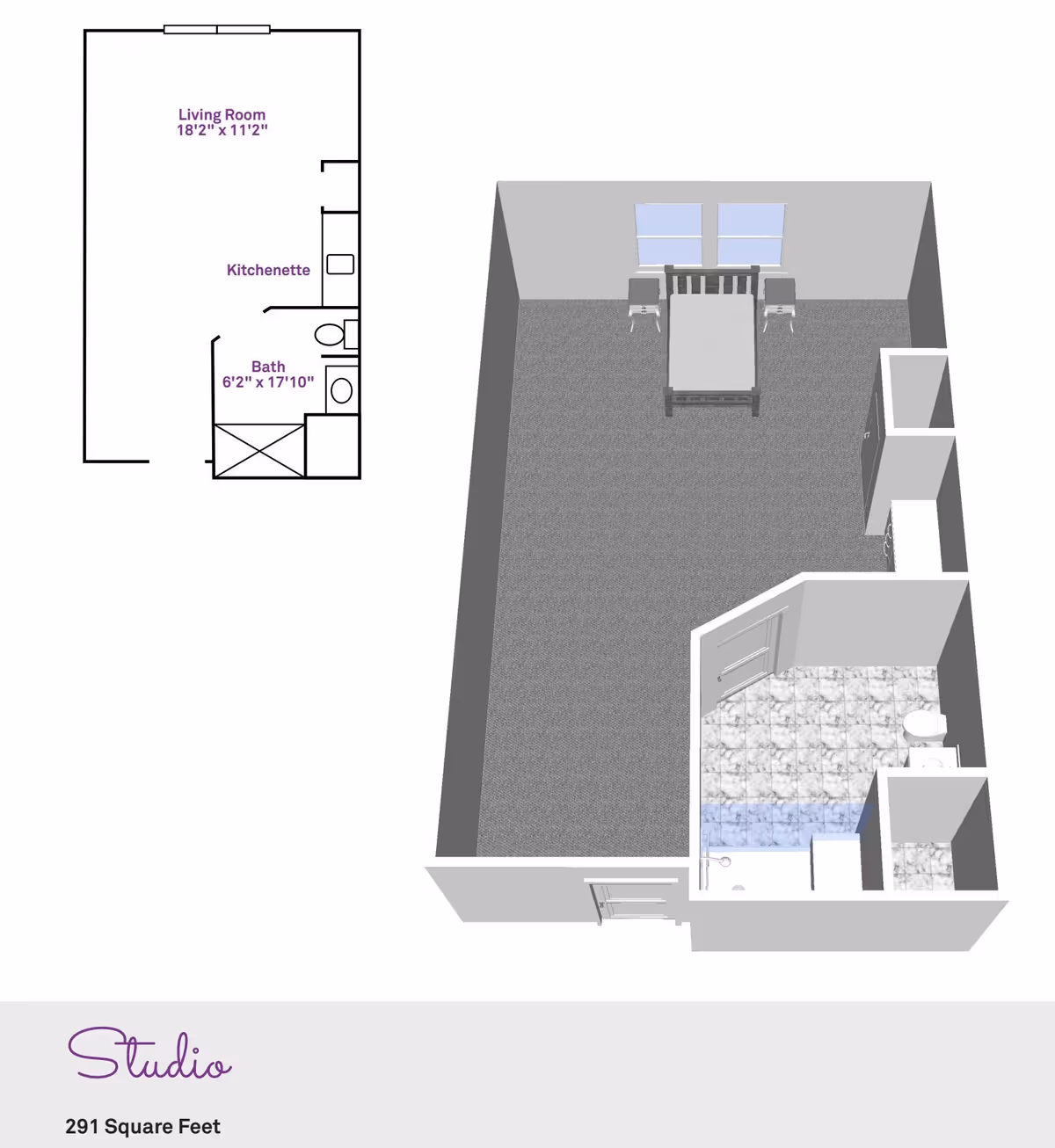 3D floor plan and 2D layout of a studio apartment at Brownsburg Meadows Assisted Living, showing a living room area with a bed and two chairs near windows, a kitchenette, and a bathroom with a shower, toilet, and sink. The total area is 291 square feet.