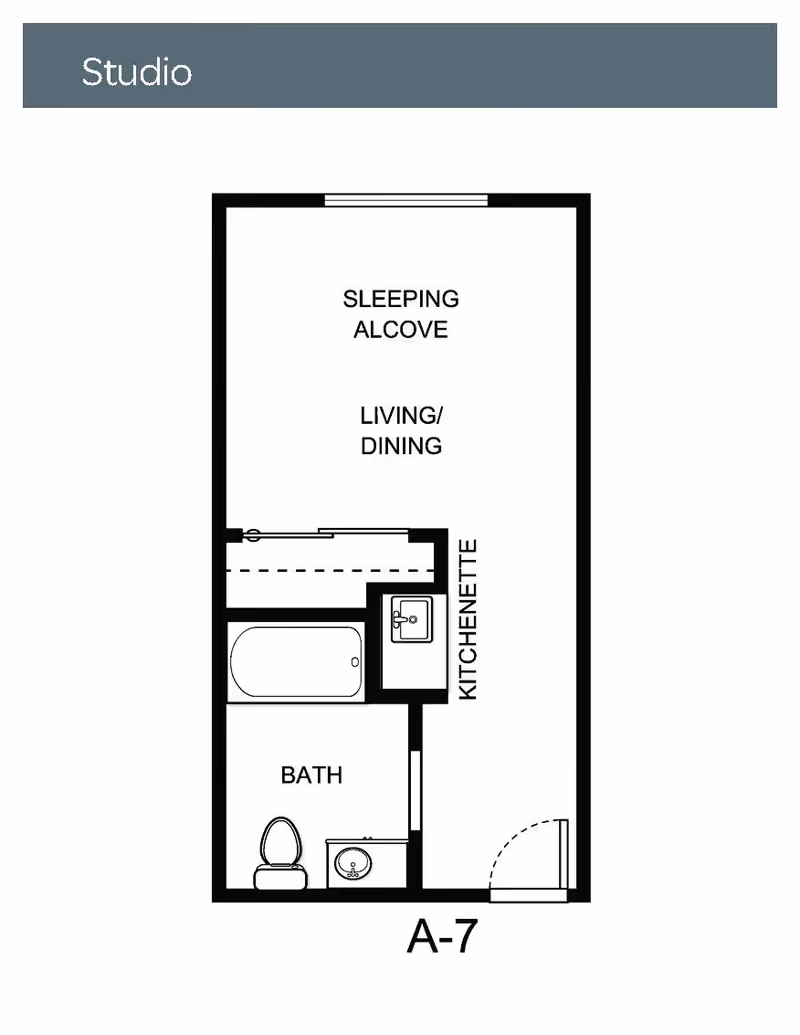 Floor plan of a studio apartment labeled A-7 showing a sleeping alcove, living/dining area, kitchenette, and a bathroom with a bathtub, toilet, and sink.