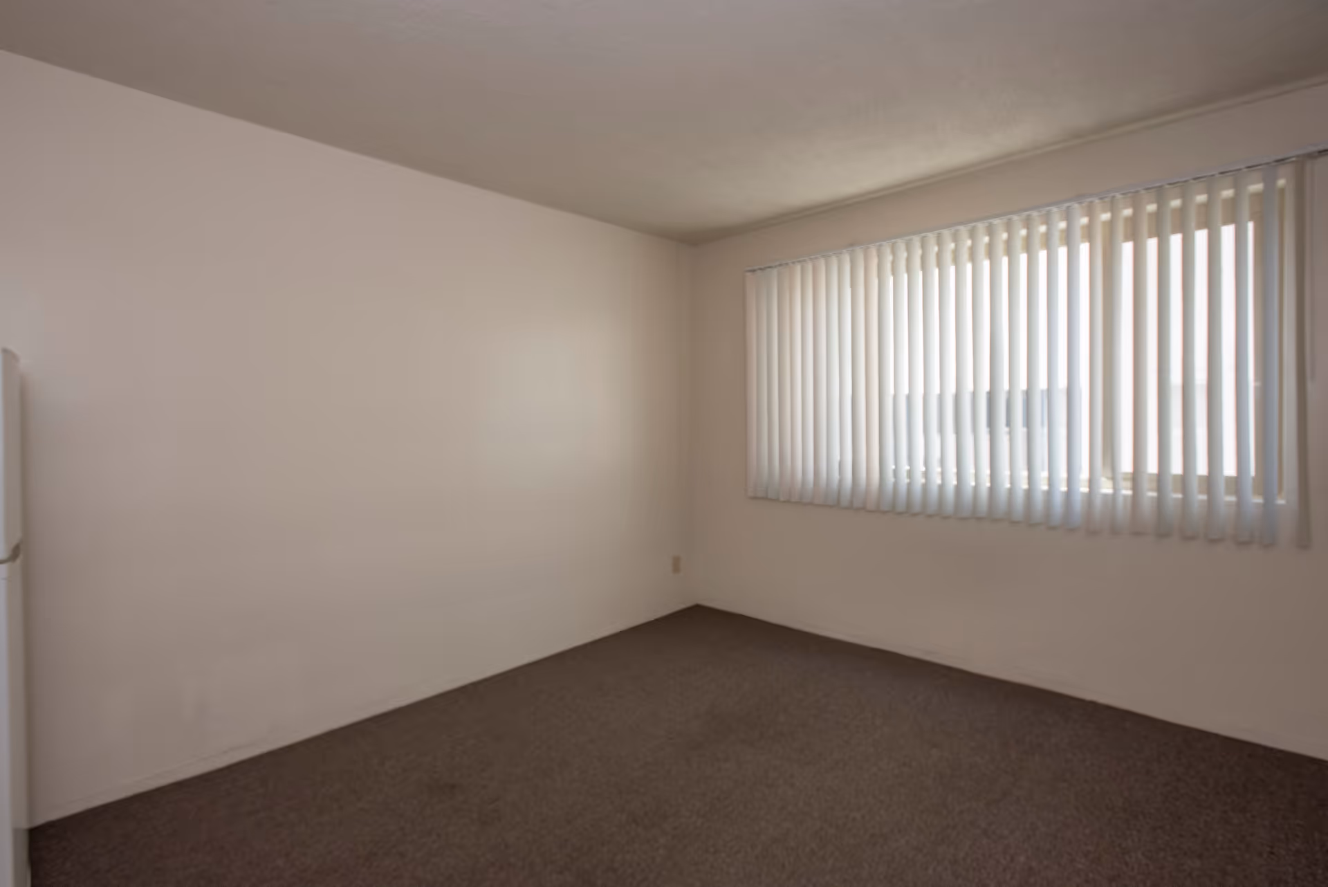 Empty room with beige walls, brown carpet, a large window with vertical blinds, and a white refrigerator partially visible on the left side.