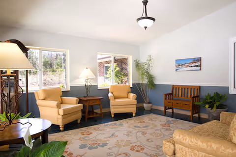A bright sitting room with upholstered armchairs, a sofa, side tables, plants, and windows letting in natural light.