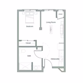 Architectural floor plan of a senior living unit at Legacy Village of Salt River showing a bedroom with a bed, a living room with seating, a kitchenette, a bathroom with a shower and toilet, and a closet.