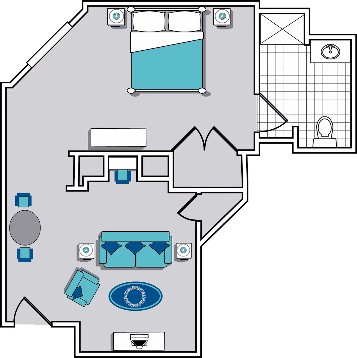 Floor plan of a living space featuring a bedroom with a bed and two nightstands, a living room area with a sofa, armchair, coffee table, and side tables, a small dining area with a round table and four chairs, and a bathroom with a toilet and sink.