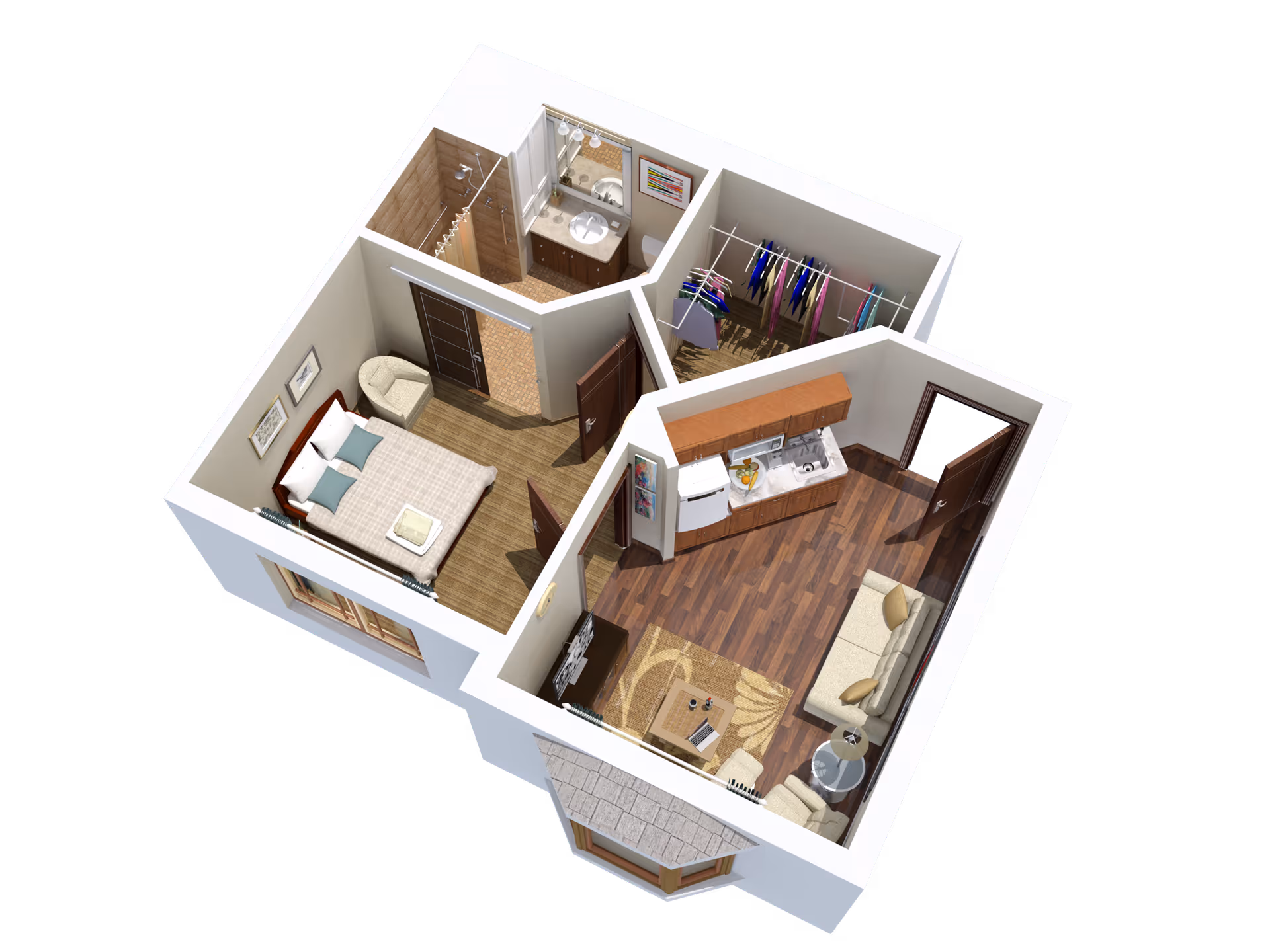 3D floor plan of a small apartment unit showing a bedroom with a bed and chair, a bathroom with a shower, sink, and toilet, a walk-in closet with hanging clothes, and a living room area with a sofa, armchair, coffee table, and kitchenette with cabinets, sink, and refrigerator.